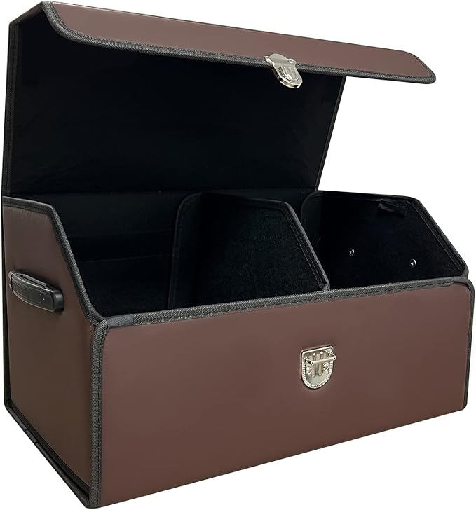Trunk Organizer for Car With Lid,Foldable Trunk Organizer for SUVs & Sedans,Multi-Functional Leather Storage Box - Brown - Small