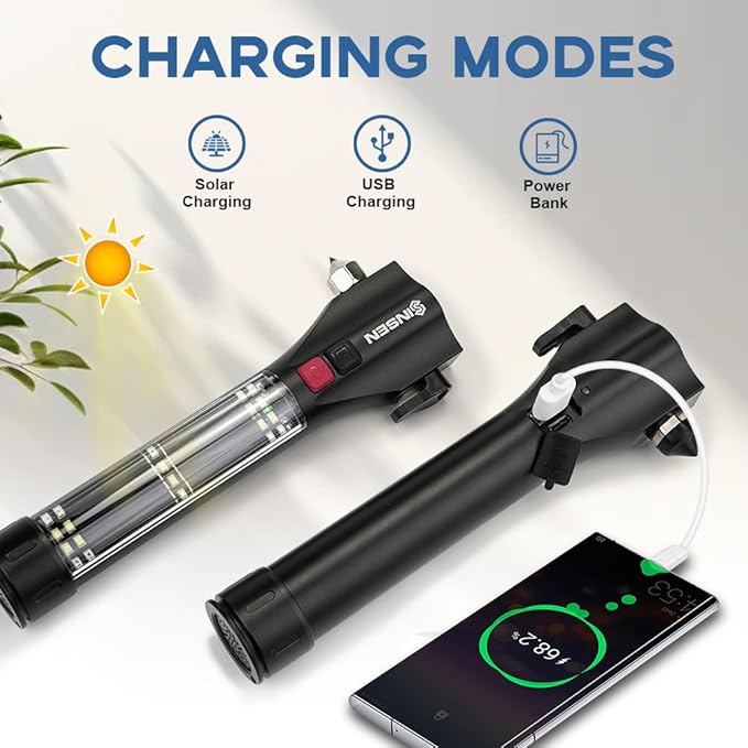 SINSEN Car Safety Hammer Flashlight, Tactical Emergency Rescue Tool, LED High Lumens Rechargeable Solar Powered Escape Kit, Window Glass Breaker and Seatbelt Cutter, Self Defense Multi-Function Torch