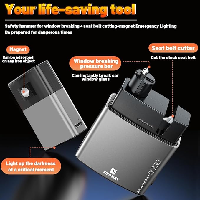 Glass Breaker - Upgraded Safe Hammer Glass Breaker Under Water, Car Hammer Seatbelt Cutter Window Breaker Emergency Escape Tool, with Flashlight, Safehammer Glass Breaker for New Cars（Black）