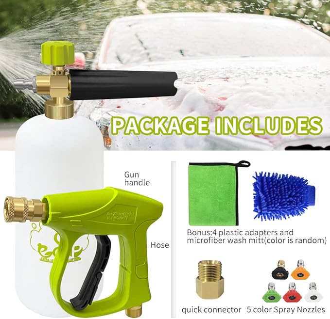 ESP Car Wash Foam Gun High Pressure Car Washer Household Water Gun Foam Generator Washing Blaster 5 Nozzle Tip M22 Adapter with 1 Liter Bottle Washing Mitts Towel