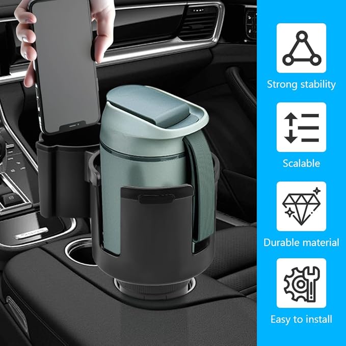 1 Pack Car Cup Holder Expander 2 in 1 Adapter with Expandable Base, Car-Seat Headrest Hook 4 Pack Hanger Storage Organizer fit Universal Vehicle Car