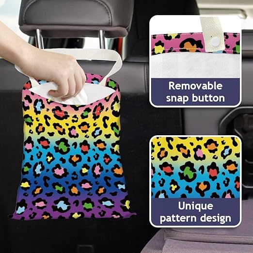 Colorful Leopard Print Car Trash Bag Hanging Garbage Bag with Snap Buttons Car-Back Seat Trash Storage Portable Dustbin for Men Women Car Interior Accessories Travel Camping