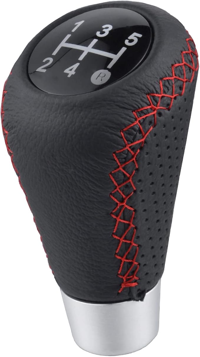 Lunsom 5 Speed Shift Knob, Leather Gear Shifter Knob Alloy Shifting Lever Head Handle Shifting Replacement Head Fit Manual Transmission Vehicles (Red Suture)