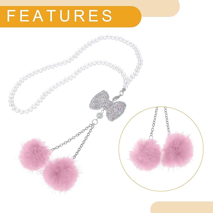 1 Pcs Artificial Crystal Bow,Mink Hair Car Rear View Mirror Pendant Accessories Car Hanging Ornament Pink