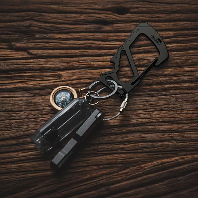 KeyUnity KS00BK Carabiner Clip Multitool Stainless Steel 7 Tools in 1, Quick Release Clasp, Wrench, Cross Screwdriver, Slotted Screwdriver, Bottle Opener, Ruler, Key Holder (PVD Black)