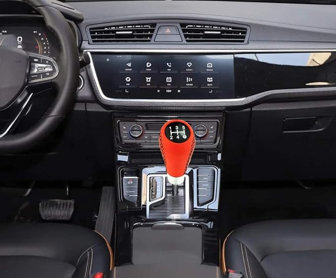 Lunsom 5 Speed Shift Knob, Leather Gear Shifter Knob Alloy Shifting Lever Head Handle Shifting Replacement Head Fit Manual Transmission Vehicles (Red)