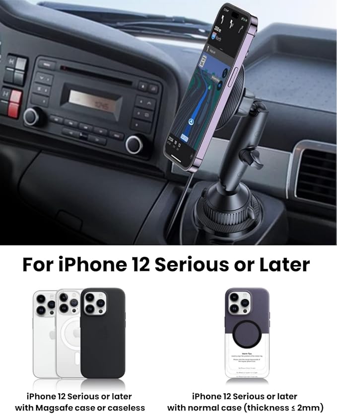 APPS2Car for Magsafe Car Mount Charger Tri-Pivot Magnetic Wireless Cup Holder Phone Mount for Car Truck with Cooling Fan Fast Charging for iPhone 17 16 15 14 13 12 Series [with Car Adapter]