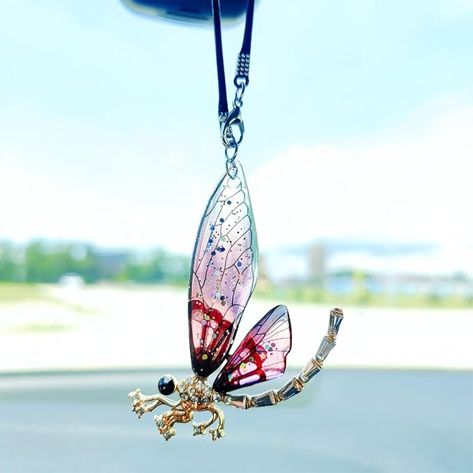Bling Car Accessories for Women Interior, Diamond-Encrusted Dragonfly Rear View Mirror Accessories, Cute Car Decor Hanging Ornament Bag Charms Home Decor