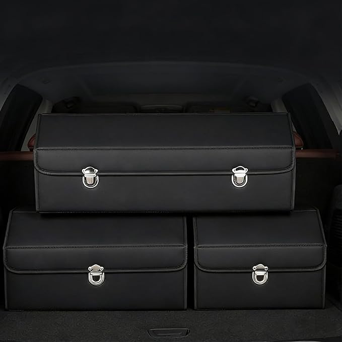 Leather Storage Box Car Trunk Organizer for Trunk SUV Sedan, Leather Foldable Storage Box with Lid (Black 29.5" L*12.2" W*11.8" H)