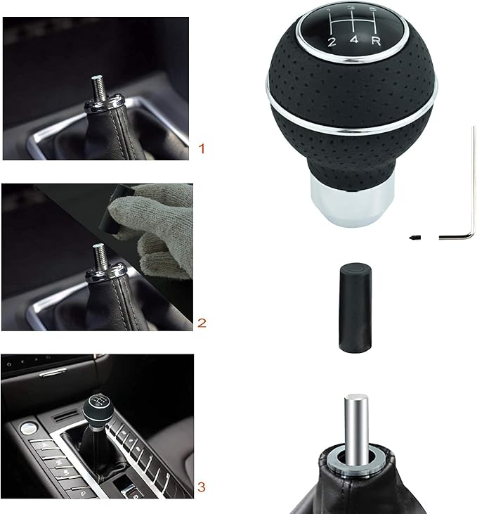 Lunsom 5 Speed Round Shift Knobs, Leather Car Gear Shifter Knob Handle Lever Head Ball Shifting Lever Head Fit for Most Manual Transmission (Black & Silver)