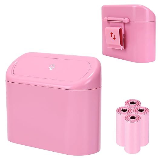 Ginsco Mini Car Trash Can with Lid, Small Car Garbage Can, Cute Leakproof ABS Car Trash Bin, Car Accessories for Interior, Garbage Bin for Car, Home, Office with 60pcs Trash Bags Pink