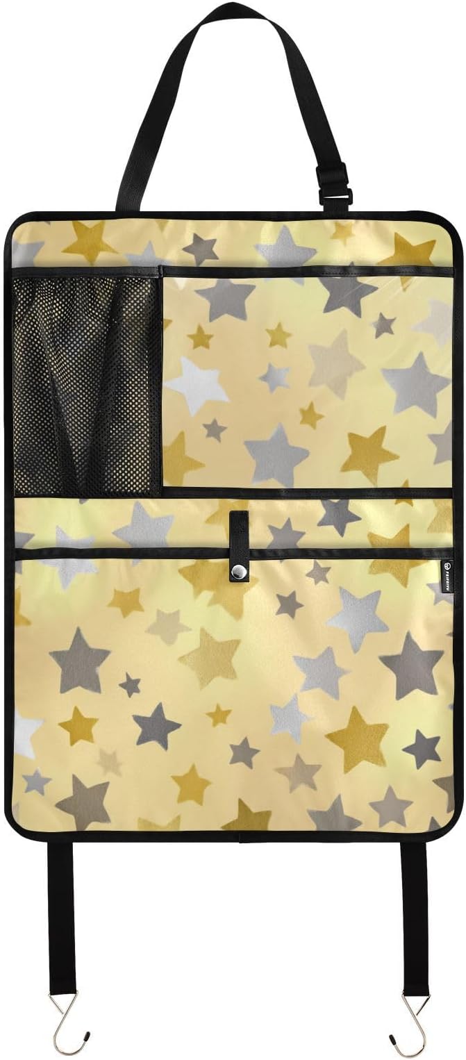 1 Pack Back Seat Car Organizer with Storage Pockets Kick Mats Back Seat Protector Hanging Car Organizer Automotive Seat Back Cover Organizers Cute Silver and Golden Stars