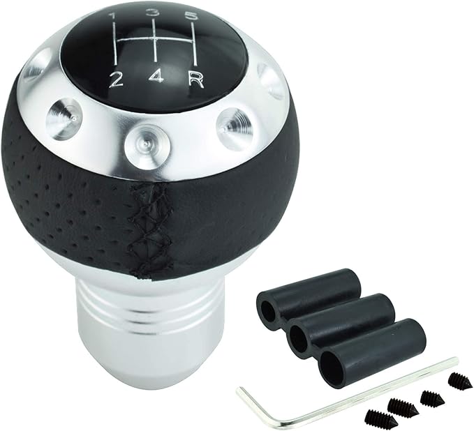 Lunsom 5 Speed Leather Shift Knob, Manual Transmission Handle Ball Gear Stick Shifter Head Fit Most Transmission Vehicle (Silver&Black)