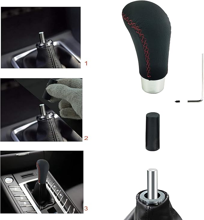 Lunsom Leather Shift Knob, Car Gear Shifter Stick Auto R Style Shift Stick Handle Head Gear Shift Lever Knob for Most Manual Transmission Vehicle (Red Suture)