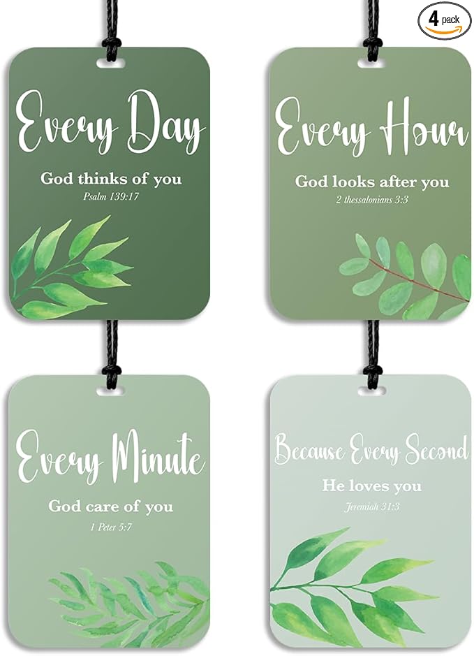 4Pcs Green Christian Car Air Freshener Hanging Bible Verse Car Accessories Gifts for Women Men Cute Religious Air Freshener for Interior Car Mirror Home Wardrobe Decor