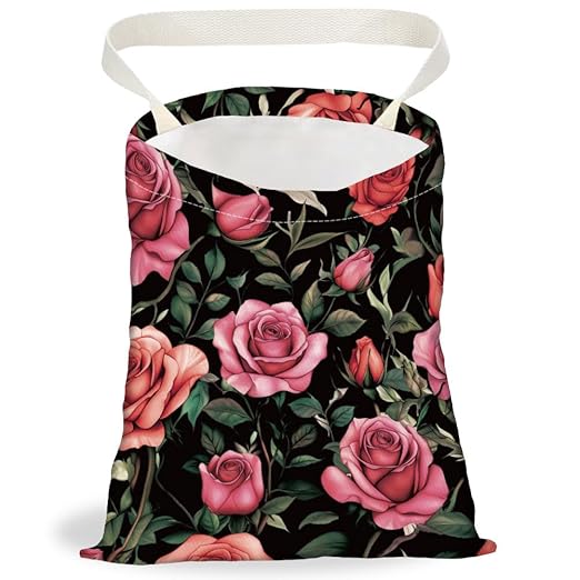 Rose Floral Print Car Trash Bag Hanging Garbage Bag with Snap Buttons Car-Back Seat Trash Storage Portable Dustbin for Car Interior Accessories Travel Camping