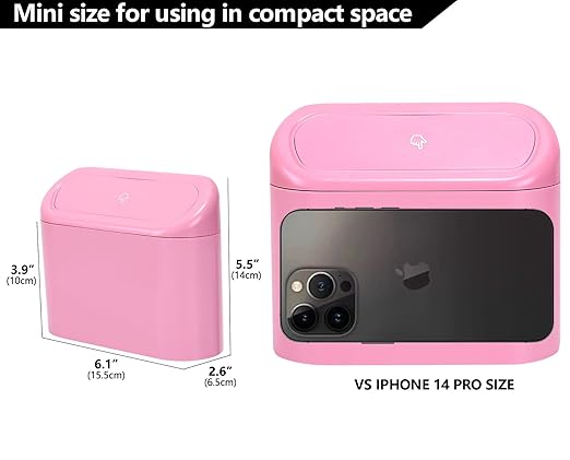 Ginsco Mini Car Trash Can with Lid, Small Car Garbage Can, Cute Leakproof ABS Car Trash Bin, Car Accessories for Interior, Garbage Bin for Car, Home, Office with 60pcs Trash Bags Pink