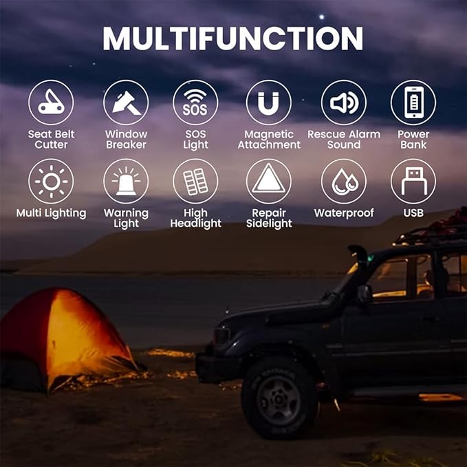 Yemao Car Safety Hammer Flashlight,Tactical Emergency Rescue Tool,Rechargeable LED High Lumens Flashlight,Car Window Glass Breaker and Seatbelt Cutter,Self Defense Multi-Function Torch