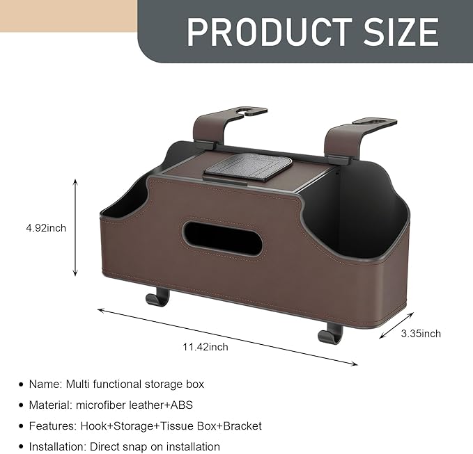 1 PC Car Seat Back Organizer, Car Back Seat Multi-Function Storage Box with 2 Drink Cup Holders, 11.42" x 3.35" Leather Tissue Organizer, Universal for Most Cars, Trucks, SUVs (Brown)