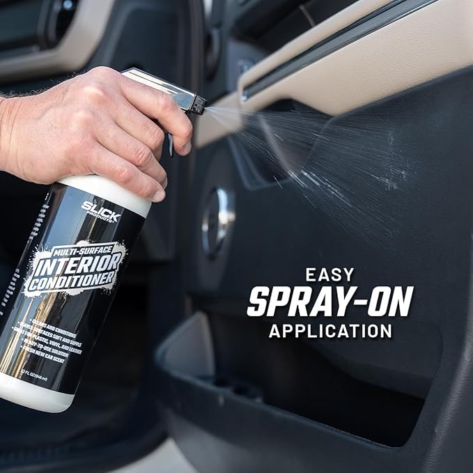 Slick Products Multi-Surface Interior Conditioner – Cleans & Conditions Vinyl, Plastic & Leather – Non-Greasy Car Interior Cleaner & Protectant – Fresh New Car Scent – 32 oz.