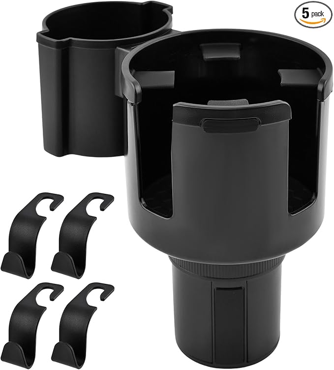 1 Pack Car Cup Holder Expander 2 in 1 Adapter with Expandable Base, Car-Seat Headrest Hook 4 Pack Hanger Storage Organizer fit Universal Vehicle Car