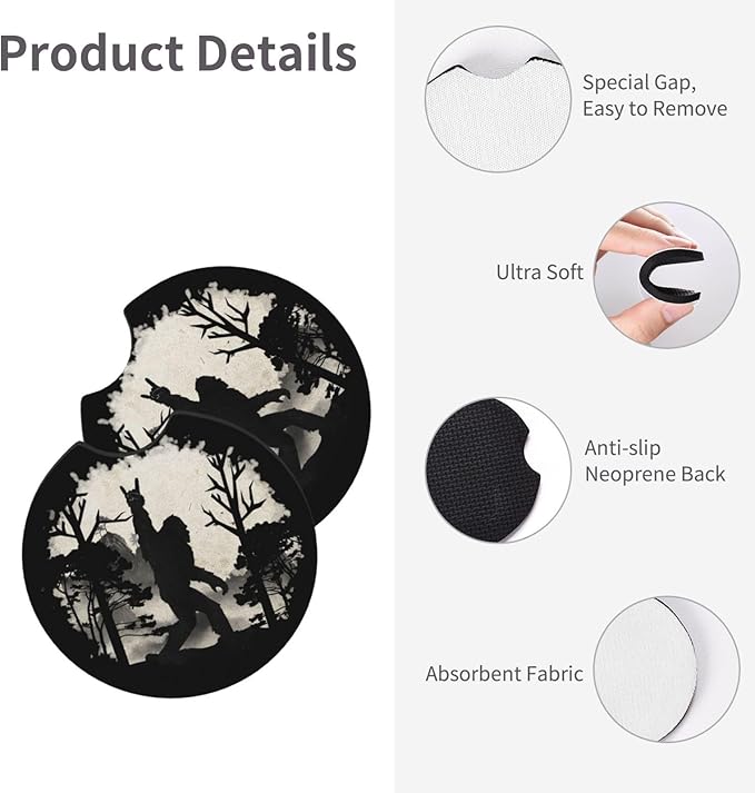 Sasquatch Bigfoot Trees Forest Car Coasters for Cup Holders Pack of 2 Neoprene Cup Mat Pad Vehicle Interior Accessories for Men Women