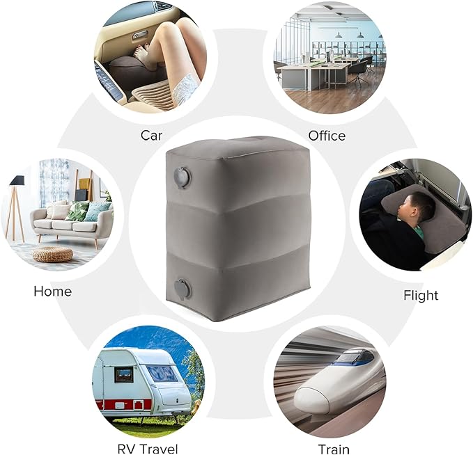 Inflatable Travel Foot Rest Pillow, Kids Airplane Bed, Adjustable Height Leg Pillow for Air Travel, Make a Flat Bed for Kids and Toddlers, Great for Airplane, Train, Car（Grey, 1 Pack）