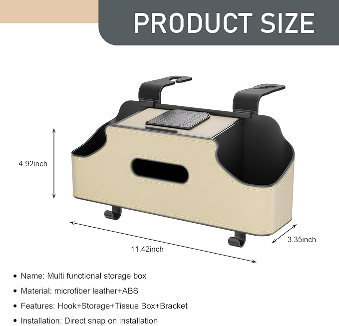 1 PC Car Seat Back Organizer, Car Back Seat Multi-Function Storage Box with 2 Drink Cup Holders, 11.42" x 3.35" Leather Tissue Organizer, Universal for Most Cars, Trucks, SUVs (Beige)