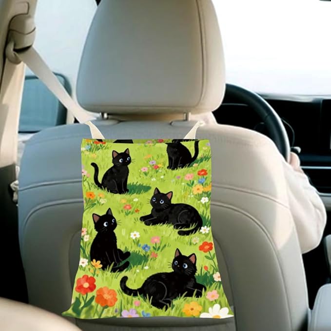 Car Trash Bag Cute Cat Car Garbage Can Green Grass Floral Cats Pattern Polyester Waterproof Cute Back Seat Organizer Storage Bin for Vehicle Interior Travel Accessories Reusable Leak Proof