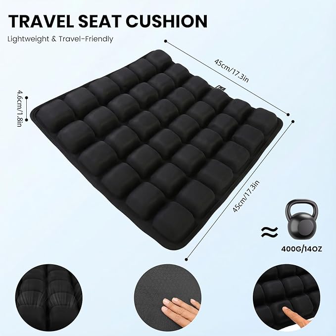 Upgraded Inflatable Travel Seat Cushion for Airplane and Car, Portable Air Cushion for Long Flights, Office Chair and Wheelchair, Pressure Relief Seat Pad for Sitting Comfort