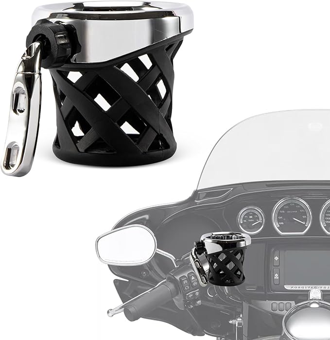 PSLER Motorcycle Drink Cup Holder Handlebar Mount Universal for Dyna Fat Bob Touring Road Glide Street Electra Glide Softail 1996-up Goldwing GL1800 2018-up (Chrome, 85mm)