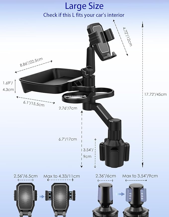 Car Cup Holder Tray - 4 in 1 Adjustable Car Cup Holder Expander with 360° Rotatable Food Tray Table and Phone Mount for Driver and Front Passenger, Automotive Road Trip Essentials