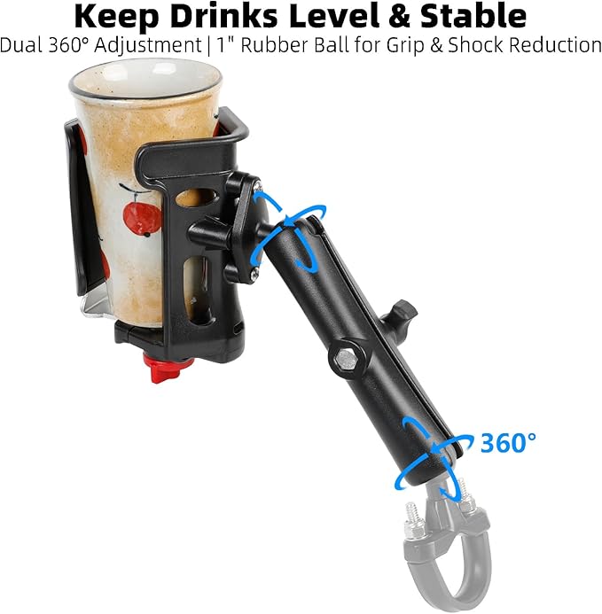 1" Ball Cup Holder with 5.91" Double Socket Arm, Water Bottle Holder 2.36-3.54" Universal Size Drink Holder Cage Fits RAM Mounts & Motorcycle/Bike 1" Ball Handlebar Mount