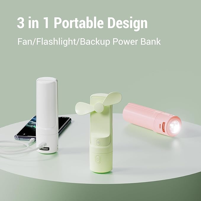 Airluxe Mini 3-in-1 Portable Fan Rechargeable- Handheld with 35-Hour Battery Life, Fast Charging Power Bank&Flashlight- Personal Fan for Travel, Vacation, and Festival Essentials Green