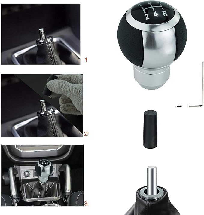 Lunsom Car Shifter Knob 5 Speed Gear Stick Head, Leather Ball Gear Shifting Knob Short Shift Lever Handle Head Fit Most Manual Transmission (Silver)