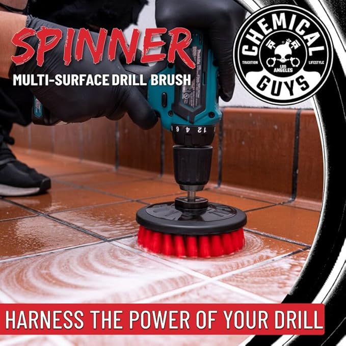 Chemical Guys ACC508 Heavy Duty Spinner Multi-Surface Drill Brush Attachment (Fits Any Standard Drill - Power Scrubber Removes Heavy Stains, Dirt & Grime from Grout, Tubs & Showers), Red