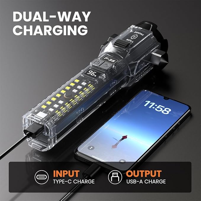 Yemao Car Safety Hammer Flashlight,Tactical Emergency Rescue Tool,Rechargeable LED High Lumens Flashlight,Car Window Glass Breaker and Seatbelt Cutter,Self Defense Multi-Function Torch