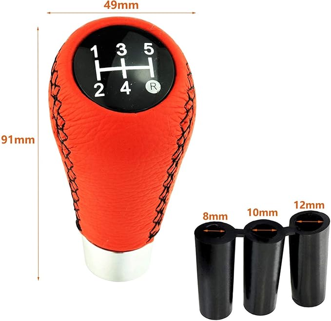 Lunsom 5 Speed Shift Knob, Leather Gear Shifter Knob Alloy Shifting Lever Head Handle Shifting Replacement Head Fit Manual Transmission Vehicles (Red)