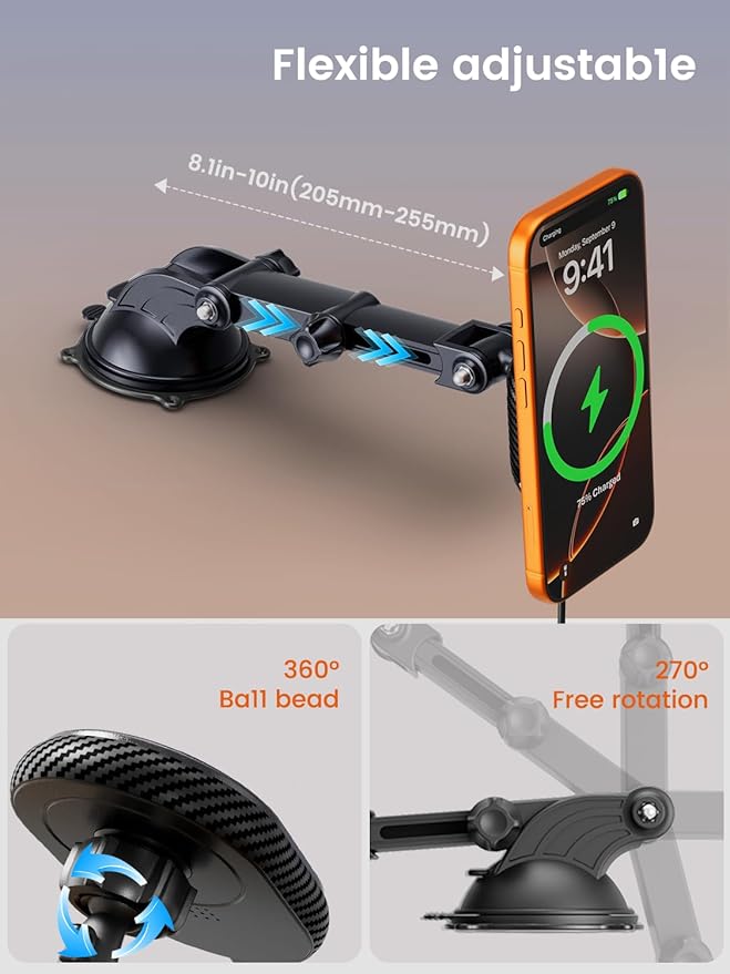 OHLPRO for iPhone 17 MagSafe Car Mount Charger, 15W Fast Wireless Charging Magnetic Holder with Extendable Suction Cup Arm, Dashboard & Vent Mount Compatible with iPhone 16/15/14/13 Pro Max