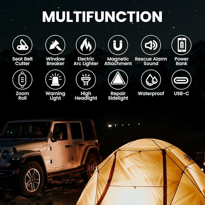 Car Flashlight Emergency Kit, 3000LM Flashlight with Window Breaker & Seatbelt Cutter, Multifunctional Safety Hammer for Vehicle, Rechargeable with SOS Strobe, USB-C Charger, Rescue Tool for Car