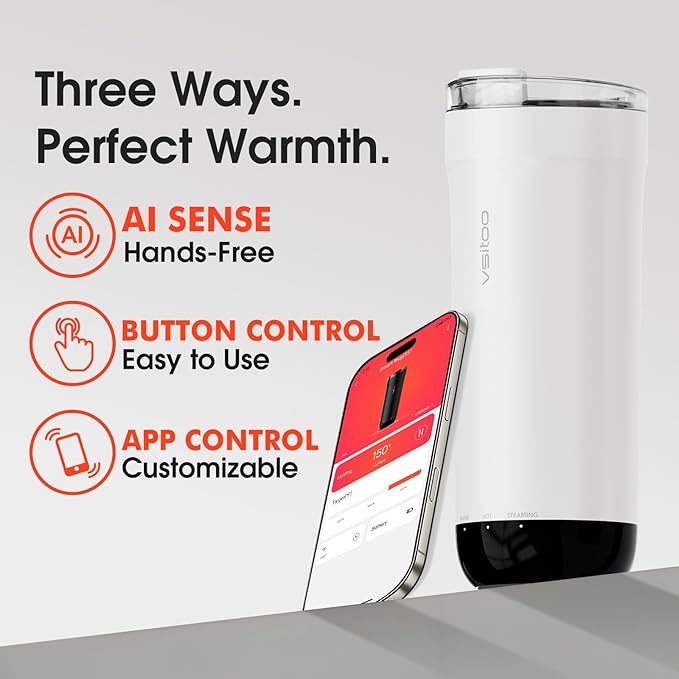 VSITOO S5 heated travel mug,16oz, Auto-Sensing AI Heats Drinks To 120-150°F Hands-Free. Temperature Control for All Cars, Perfect for Home/Office/Travel/Outdoor, Ideal Gift for Coffee Lovers - White