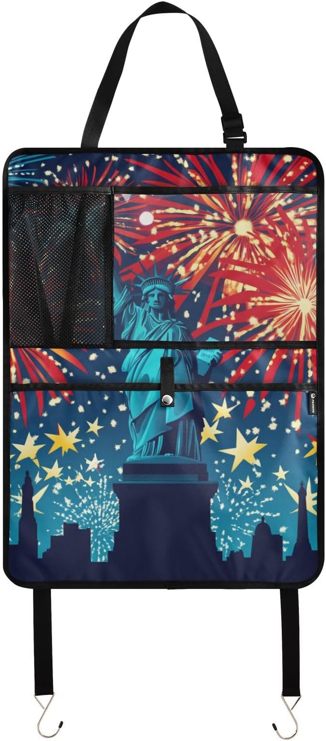 July 4th Fireworks Statue Of Liberty Blue 1 Pack Backseat Car Organizer with Storage Pockets Seat Back Organizers for Kids Kick Mats Backseat Protector Automotive