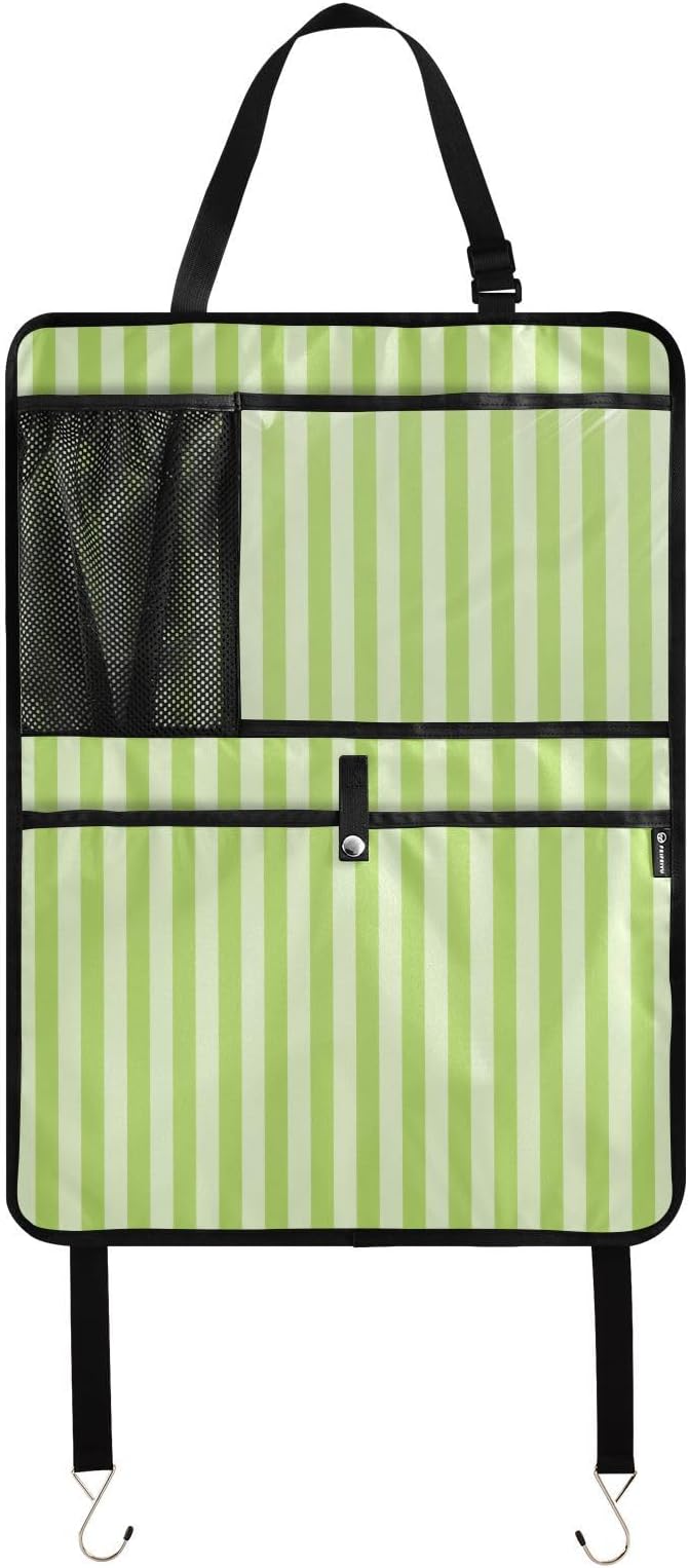1 Pack Backseat Car Organizer with Storage Pockets Seat Back Organizers for Kids Kick Mats Backseat Protector Automotive Stripes Light Green