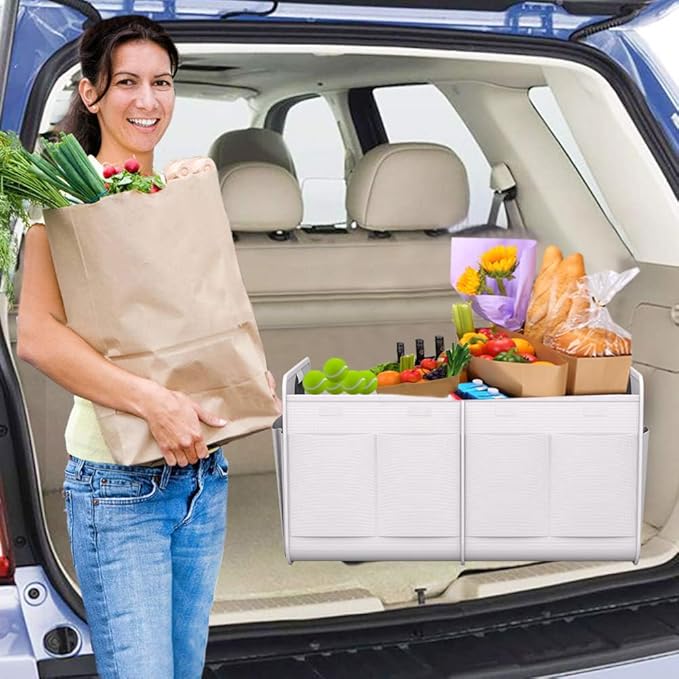Homeve Car Trunk Organizer, Car Storage, Reinforced Handles, Collapsible Multi-Compartment Car Organizers (White, 2 Compart)