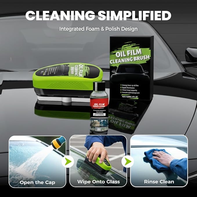 [2 Set] Automotive Oil Film Cleaning Brush with 60ML Cleaning Liquid, Glass Cleaning Wipe Board Windshield Cleaner Car Glass Oil Film Cleaner for Windshield Improves Clarity & Visibility (Green)