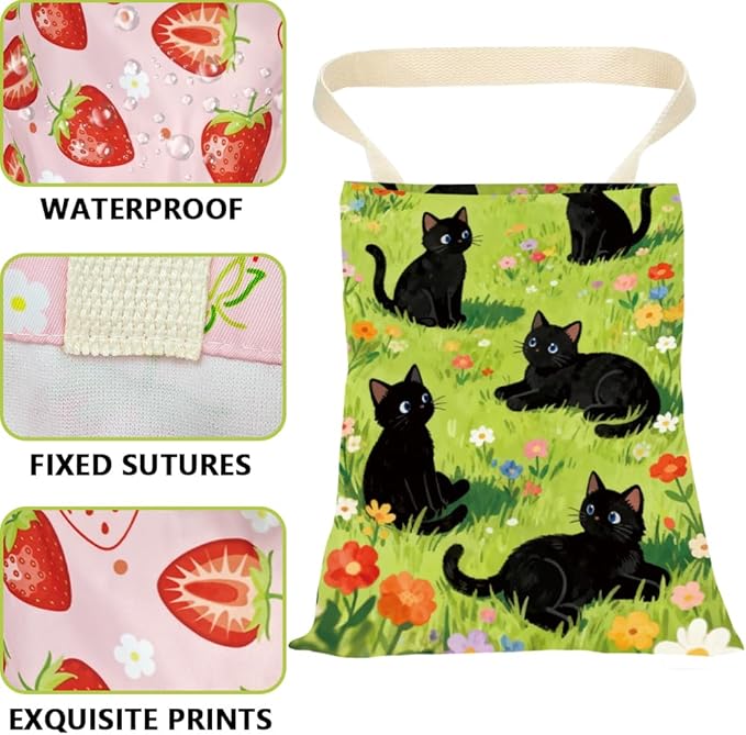 Car Trash Bag Cute Cat Car Garbage Can Green Grass Floral Cats Pattern Polyester Waterproof Cute Back Seat Organizer Storage Bin for Vehicle Interior Travel Accessories Reusable Leak Proof