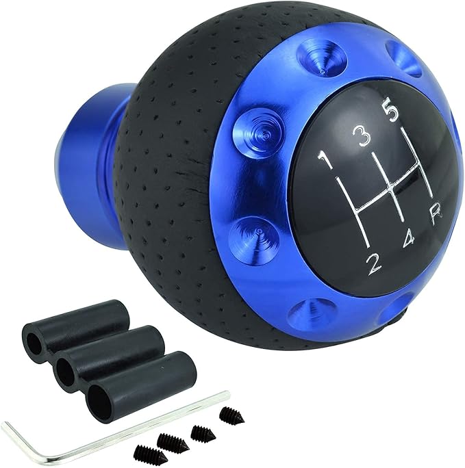 Lunsom 5 Speed Leather Shift Knob, Manual Transmission Handle Ball Gear Stick Shifter Head Fit Most Transmission Vehicle (Blue&Black)