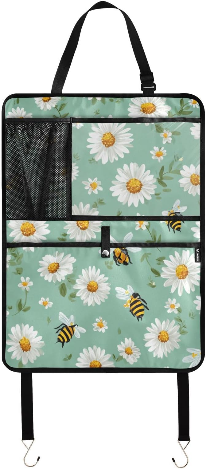 1 Pack Back Seat Car Organizer with Storage Pockets Kick Mats Back Seat Protector Hanging Car Organizer Automotive Seat Back Cover Organizers Mint Green Daisy Flowers and Bees