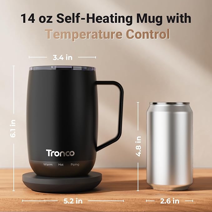 Tronco Temperature Control Heated Coffee Mug 14 oz – Rechargeable Self-Heating Smart Mug with Lid – Manual Control, 3 Modes, 130 Min Battery Life, Auto Shut-Off (Crimson)