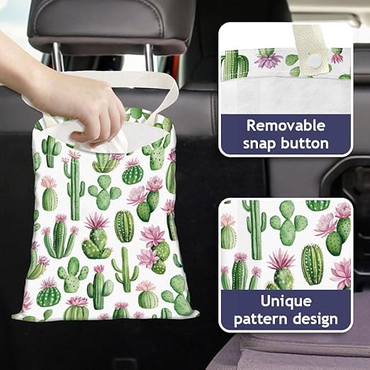 Cactus Print Car Trash Bag Hanging Garbage Bag with Snap Buttons Car-Back Seat Trash Storage Portable Dustbin for Men Women Car Interior Accessories Travel Camping
